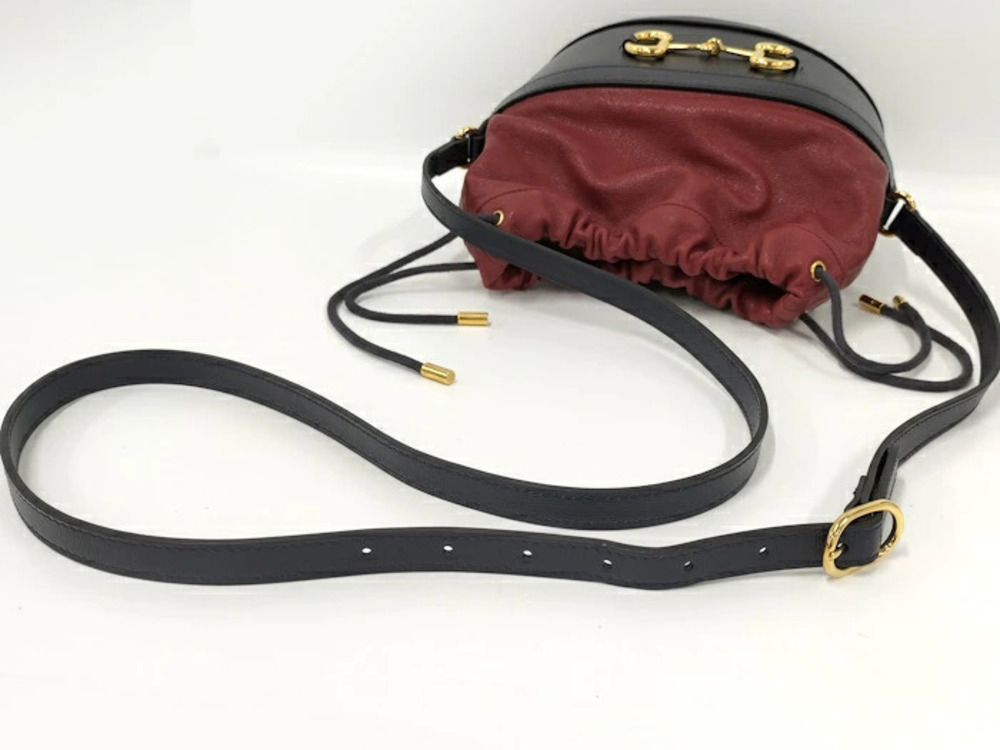 Gucci Horsebit Drawstring Shoulder Bag Leather Red Navy Blue - Picture 4 of 10